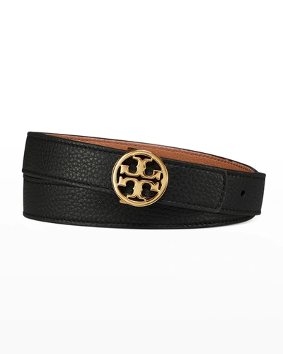 Shop Tory Burch Reversible 1" Logo-buckle Belt In Black/tan/gold
