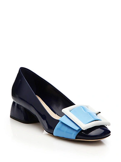Miu Miu Buckle-embellished Patent Leather Pumps In Navy
