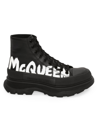 Shop Alexander Mcqueen Men's Graffiti Tread Slick Leather Boots In Black White