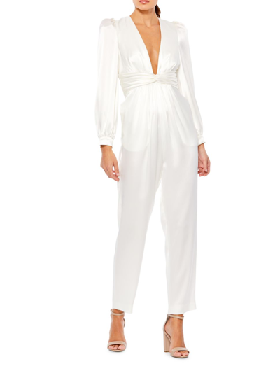 Shop Mac Duggal Women's Ieena Satin Long-sleeve Jumpsuit In White