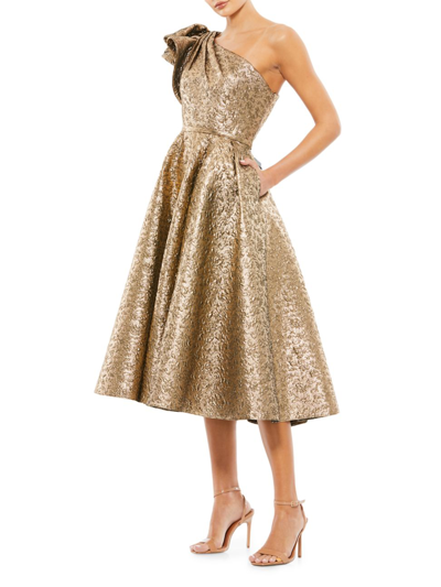Shop Mac Duggal Women's Asymmetric Metallic Tea-length Dress In Antique Bronze