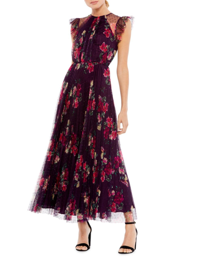 Shop Mac Duggal Women's Ieena Cap Sleeve Floral A-line Dress In Plum Multi