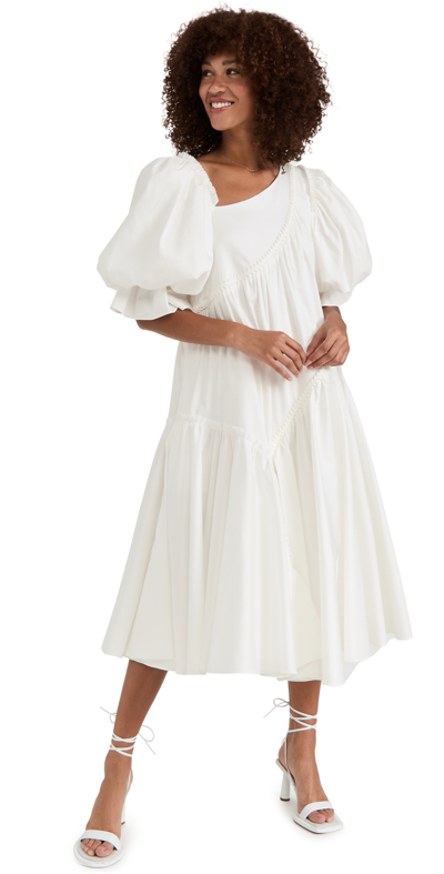 Aje Casabianca Braided Asymmetric Puff Sleeve Midi Dress In White ...