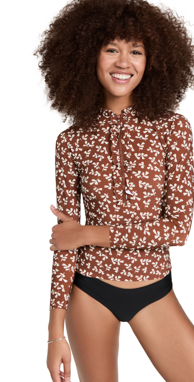Tory Burch Printed Ruffle Rash Guard Surf Shirt In Rust Little Leaves ModeSens