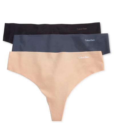 Shop Calvin Klein Women's Invisibles 3-pack Thong Underwear Qd3558 In Tomato/beechwood/starry Printblack