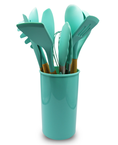 Shop Cheer Collection Silicone Spatula With Wooden Handles Set, 11 Pieces In Aqua