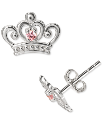 Shop Disney Pink Cubic Zirconia Crown Stud Earrings In Sterling Silver