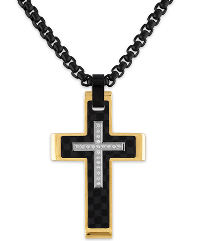 Shop Esquire Men's Jewelry Diamond Cross 22" Pendant Necklace (1/10 Ct. T.w.) In Stainless Steel, Black Carbon Fiber, Created F In Gold-tone