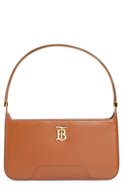 Shop Burberry Medium Tb Monogram Leather Shoulder Bag In Warm Tan