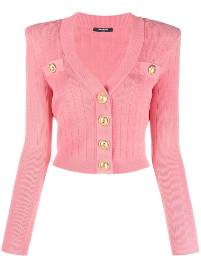 Shop Balmain Logo-button Cropped Knitted Cardigan In Rosa