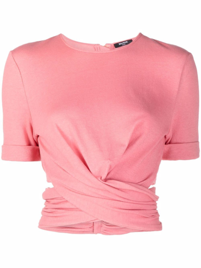 Shop Balmain Twist-detail Cropped T-shirt In Rosa