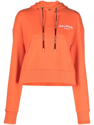 Shop Balmain Flocked-logo Cropped Hoodie In Orange