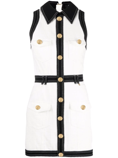 Shop Balmain Short Buttoned Bi-colour Dress In Weiss