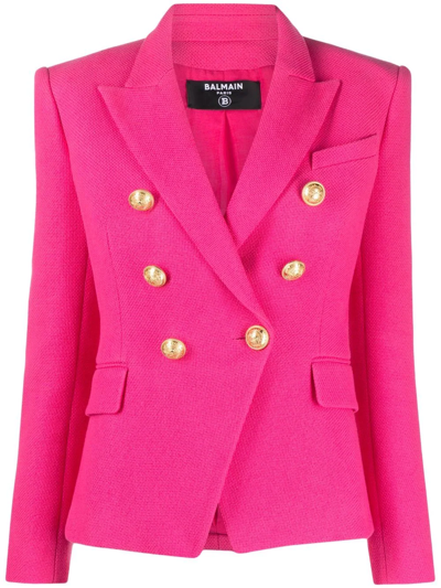 Shop Balmain Embossed-button Double-breasted Blazer In Rosa