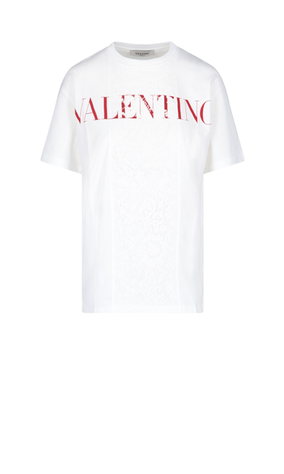 Shop Valentino Logo T-shirt With Heavy Lace In White
