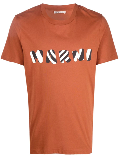 Shop Marni Striped Logo-print T-shirt In Orange