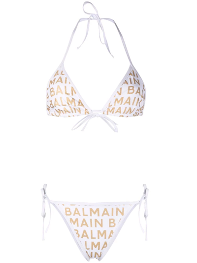 Balmain Logo Triangle Two-piece String Bikini Set In White