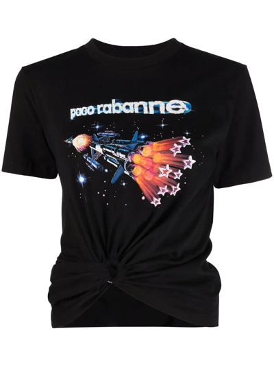 Shop Paco Rabanne Galaxy-print Twist-front T-shirt In Black