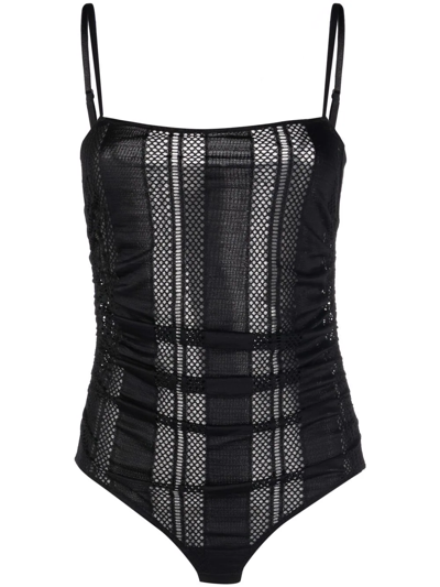 Ganni Mesh Gathered Bodysuit In Black