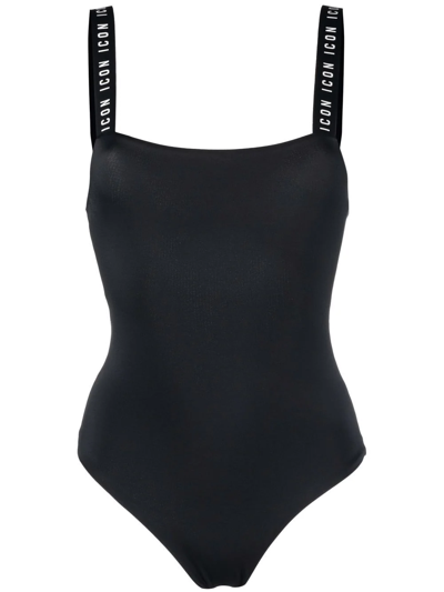 Shop Dsquared2 Icon-print Trim Swimsuit In Black