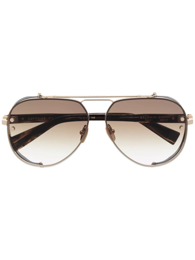 Shop Balmain Eyewear Pilot-frame Logo-arm Sunglasses In Brown