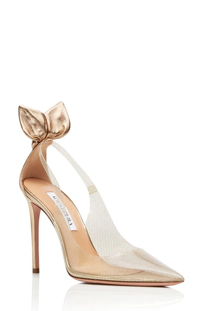 Shop Aquazzura Bow Tie Clear Pointed Toe Pump In Soft Gold