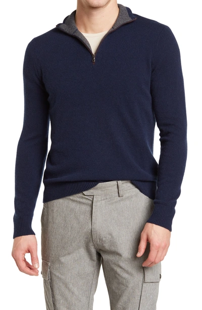Shop Amicale Cashmere Quarter Zip Pullover W/ Piping In 410nvy