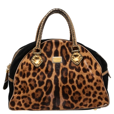 Pre-owned Dolce & Gabbana Brown Animal Print Calf Hair, Suede And Python Embossed Leather Miss Biz Satchel