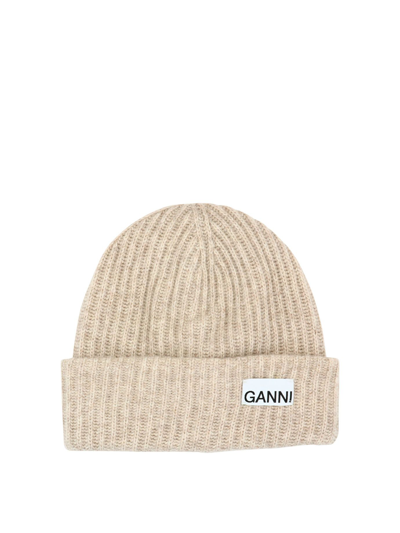Ganni Logo-patch Ribbed-knit Beanie In Beige