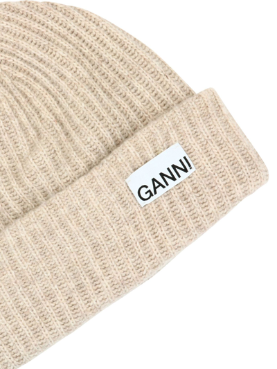 Ganni Logo-patch Ribbed-knit Beanie In Beige