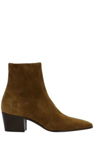 Shop Saint Laurent Pointed Toe Ankle Boots In Brown