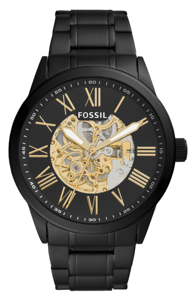 Shop Fossil Flynn Automatic Stainless Steel Bracelet Watch, 48mm In Black