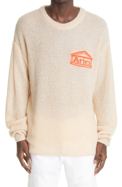 Shop Aries Temple Logo Oversize Waffle Knit Sweater In Beige