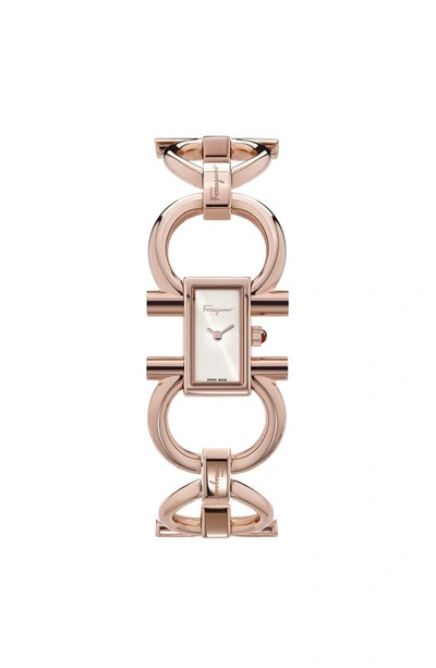Shop Ferragamo Double Gancini Bracelet Watch, 13.5mm X 23.5mm In White Sunray/ Rose Gold