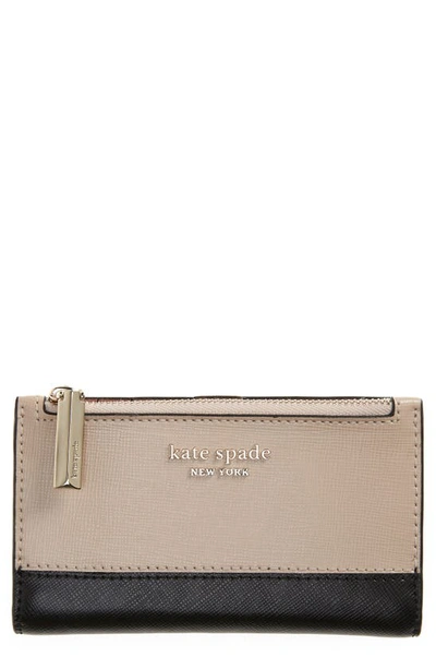 Shop Kate Spade Small Spencer Saffiano Leather Bifold Wallet In Warm Beige/ Black