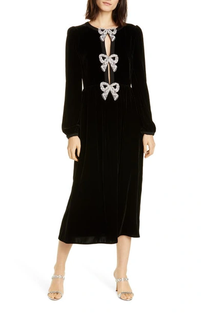 Shop Saloni Camille Embellished Bow Long Sleeve Velvet Midi Dress In Black/ Pearl Bows