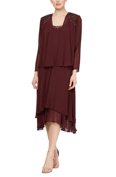 Shop Sl Fashions Beaded Detail Chiffon Dress With Jacket In Fig