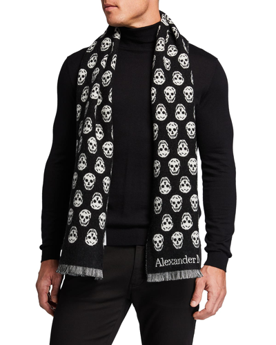 Shop Alexander Mcqueen Men's Wool Reversible Skulls Scarf In Black/white