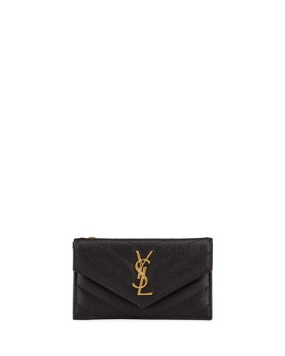 Saint Laurent Ysl Monogram Ziptop Flap Card Case In Grained Leather In Black