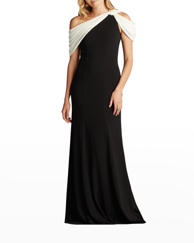 Shop Tadashi Shoji Knotted One-shoulder Crepe Gown In Black/white
