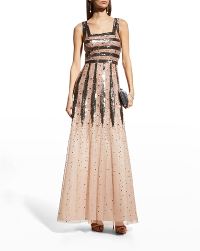 Shop Aidan Mattox Sequin-embellished Square-neck Gown In Rose Gold