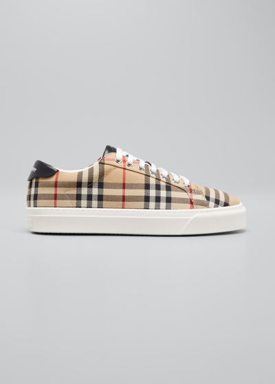 Shop Burberry Men's Rangleton Check Canvas Low-top Sneakers In Archive Beige