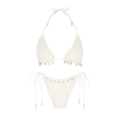 Shop Zimmermann Lola White Shell-embellished Crocket-knit Bikini In Ivory