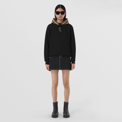 Shop Burberry Check Hood Cotton Hoodie In Black