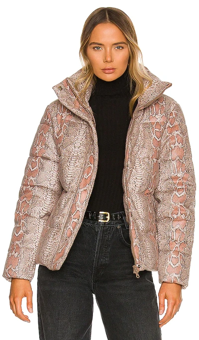 Shop Unreal Fur Python Puffer Jacket In Taupe Pink Snake