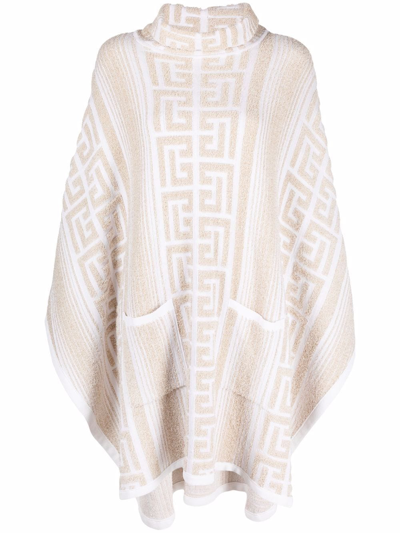 Shop Balmain Monogram-pattern Lurex Poncho In Neutrals