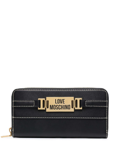 Shop Love Moschino Logo-plaque Zip-up Leather Purse In Black