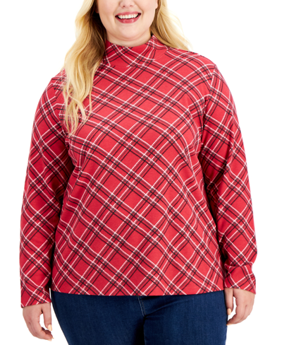 Shop Karen Scott Plus Size Plaid Mock-neck Top, Created For Macy's In New Red Amore