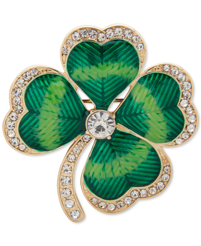 Shop Anne Klein Gold-tone Crystal 4-leaf Clover Pin In Green