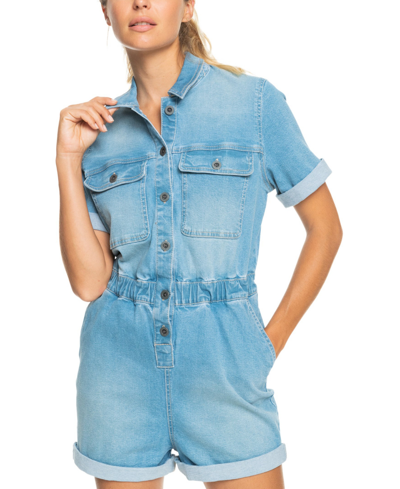 Shop Roxy Juniors' Left Behind Denim Button Front Romper In Medium Blue